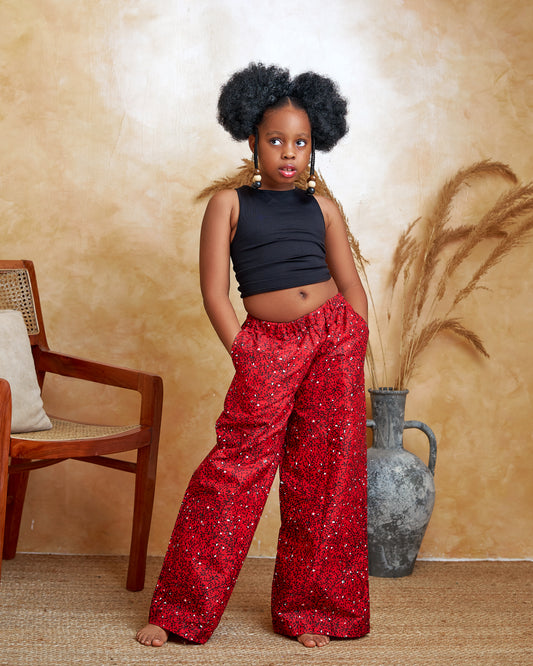 Red Ankara Pants for Kids – Wide-Leg African Print Trousers | KAFOS