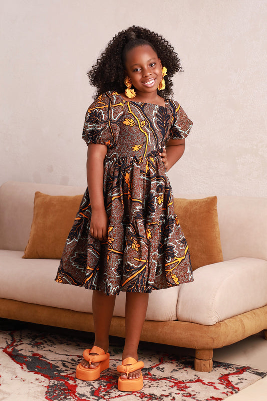 Girls Puff Sleeve African Print Ankara Midi Dress – Adaeze | KAFOS